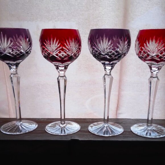 Set of 4 Ajka Caroline 9 Point Wine Hock Cut to Clear 2 Ruby/2 Amethyst Goblets - Picture 3 of 10